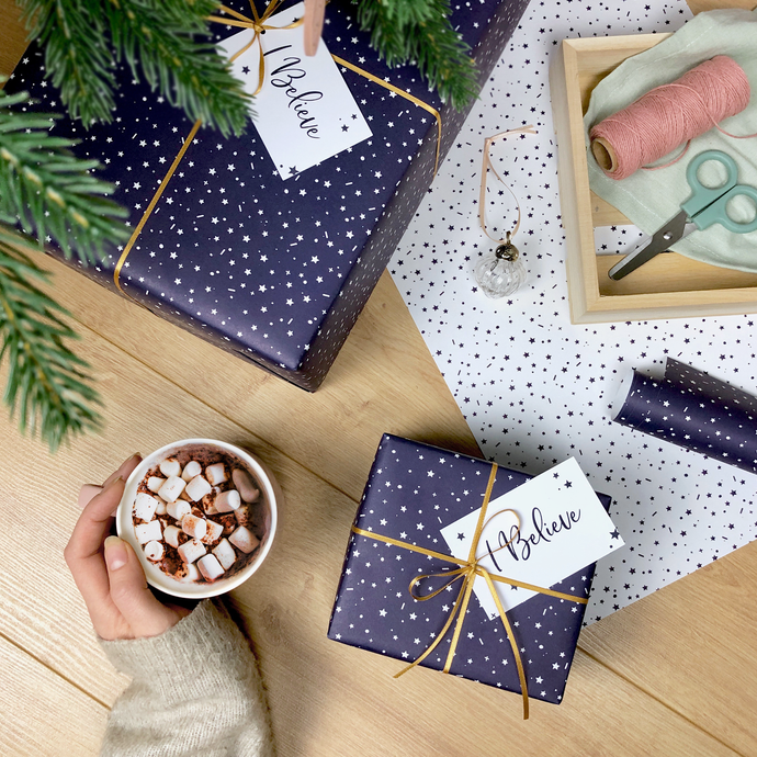 I Believe Christmas Stars Navy Wrapping Paper