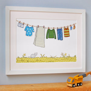 Children's Blue & Green Clothes Washing Line Print
