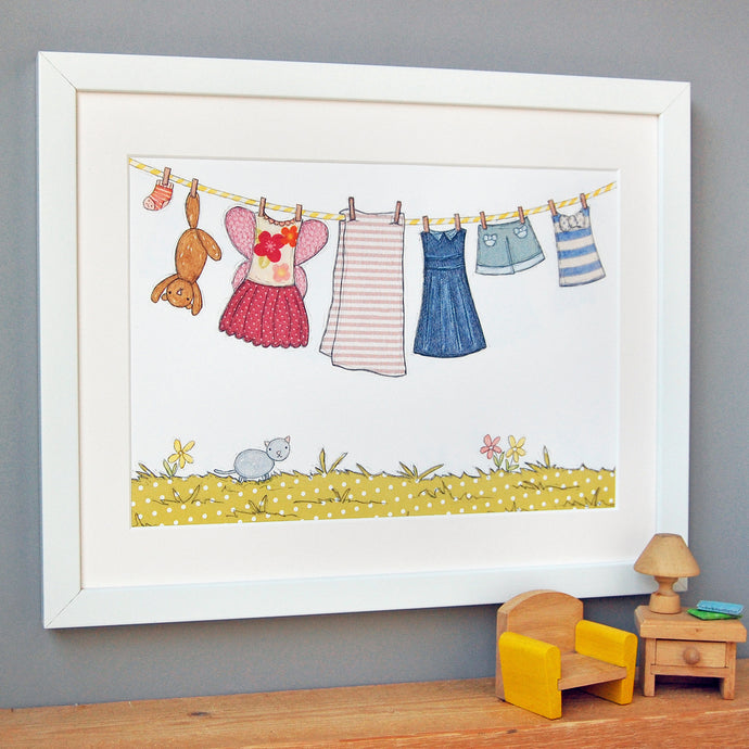 Children's Pink & Yellow Clothes Washing Line Print